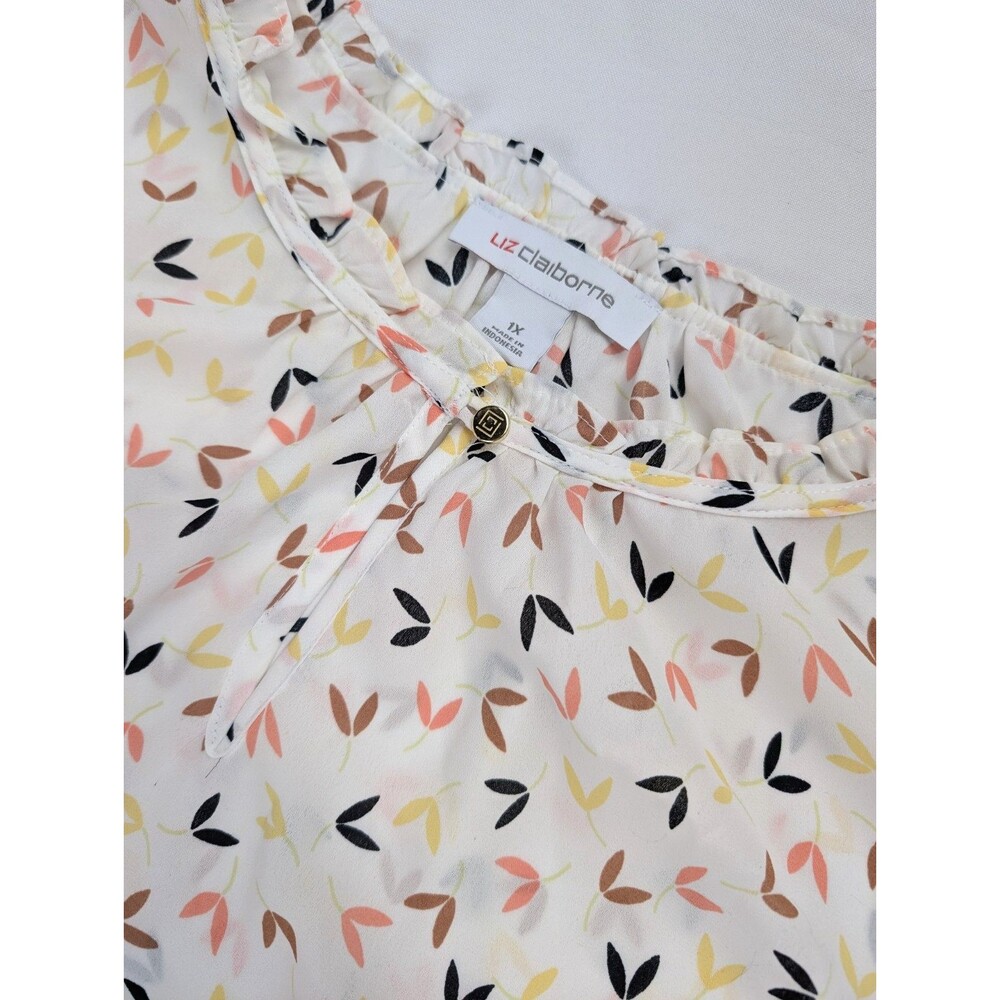 Liz Claiborne Cream Flutter Sleeve Blouse Leaf Pattern Keyhole Neckline, Size XL
